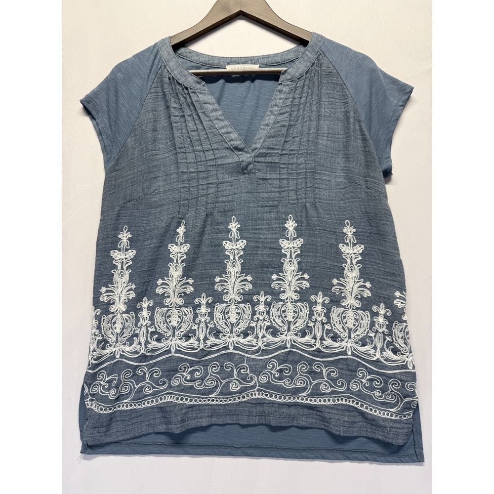 Retrology Blouse‎ Top Womens Medium Steel Blue Embroidery Floral Pintuck V Neck